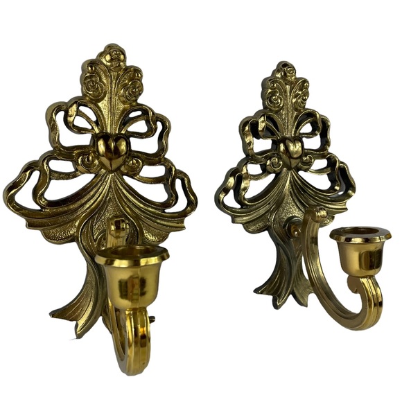 MCM Gold Filagree Wall-Mount Candle Holders Heart Decor Very Clean 8” Tall Homco